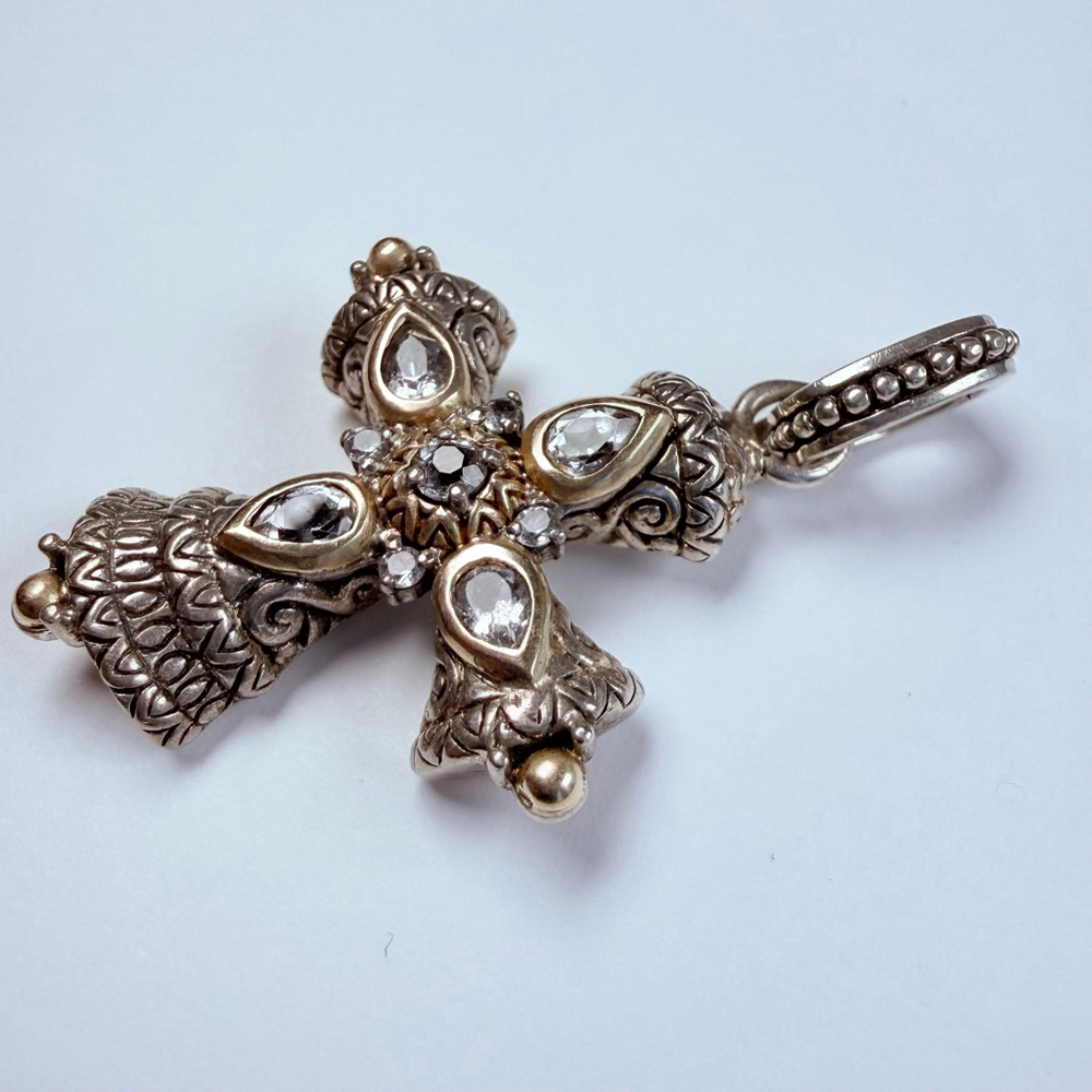 18K Yellow Gold Barbara Bixby White Topaz 925 Sterling Silver Cross Pendant - Picture 3 of 8
